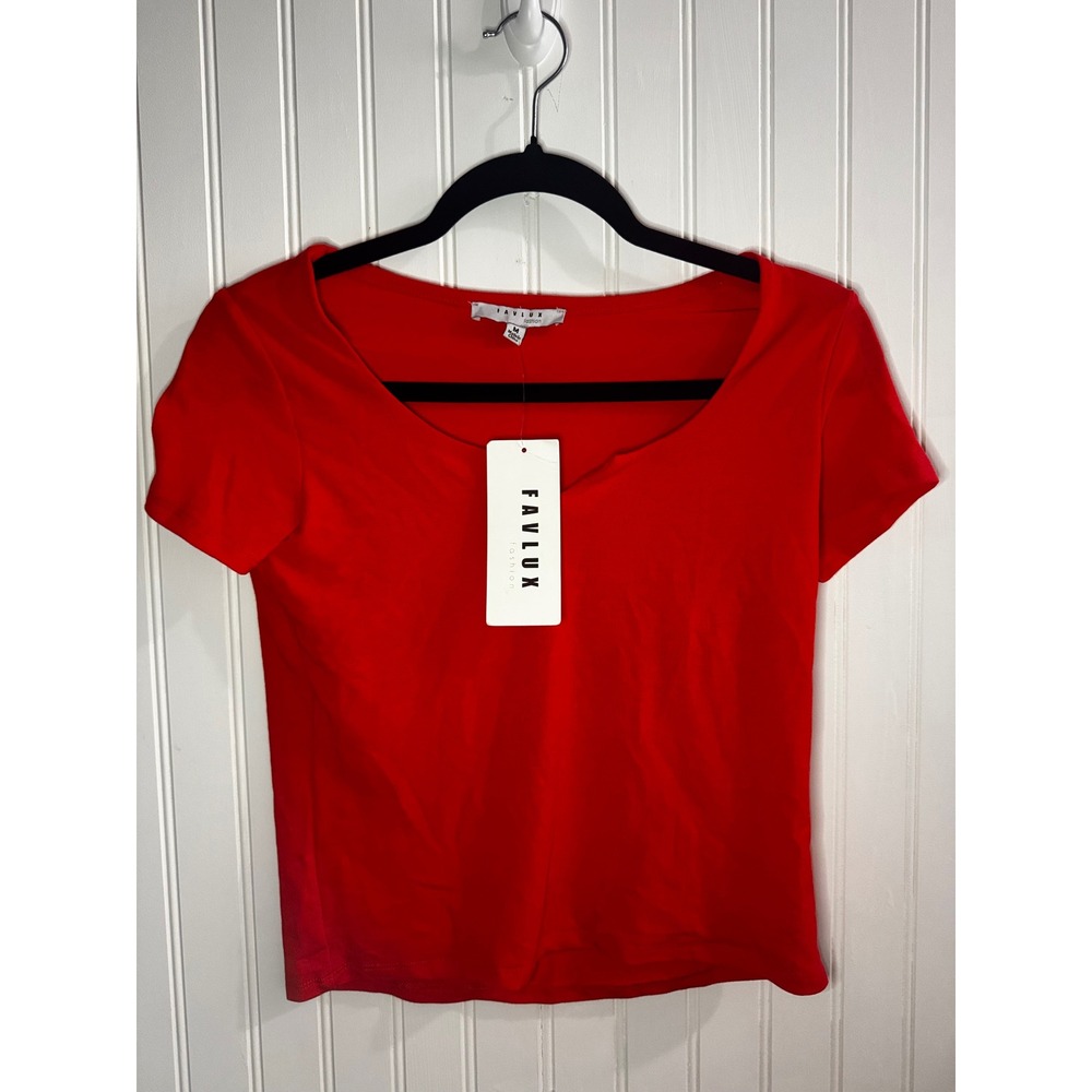 Favlux Fashion Womens Red Notched V-Neck Short Sleeve Top FL20G249 Medium NWT